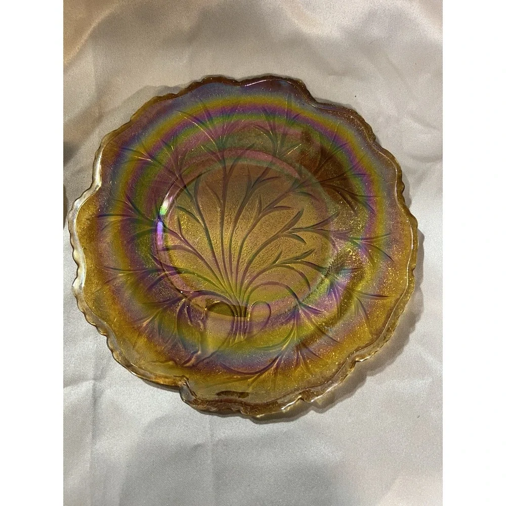 2- VTG Indiana Glass Iridescent Marigold Branch Carnival Glass Plate 10